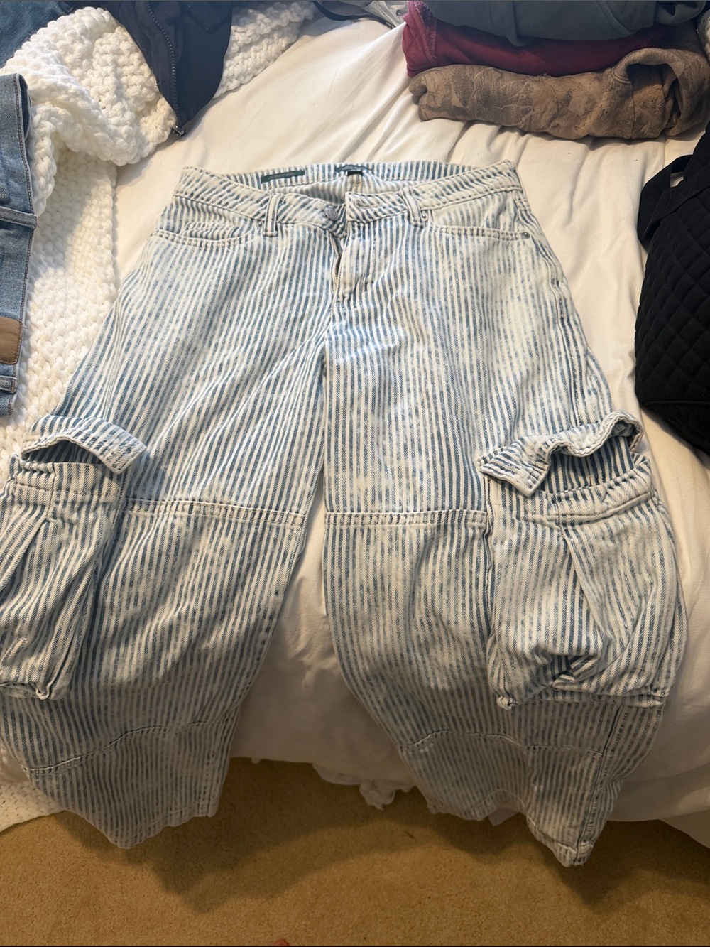 wild fable Light Blue Striped Wide-Leg Cargo Jeans